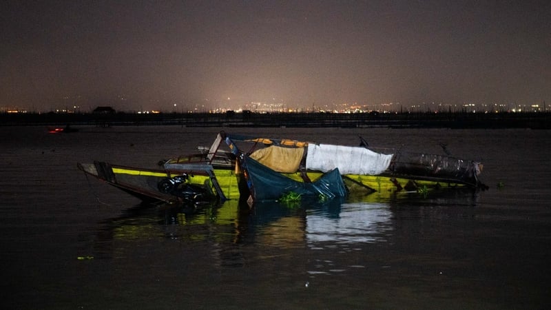 The capsized boat in Laguna Lake, Binangonan, Rizal Province, Philippines,