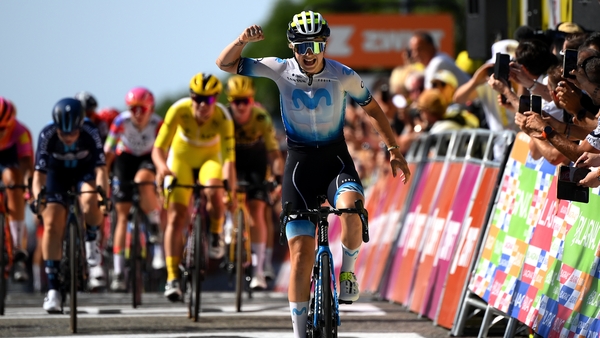 Emma Norsgaard celebrates as she takes the stage win