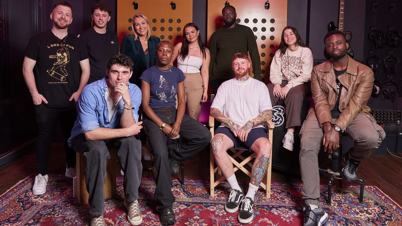 The City Stages Collective (L-R): 2Time Charlie, Liliana, Salamay, Leah Moran, Arthur Valentine, Bukky, Korey Power and Kestine) with City Stages ambassador, broadcaster Tracy Clifford, Picture credit: Cathal Mac An Bheatha