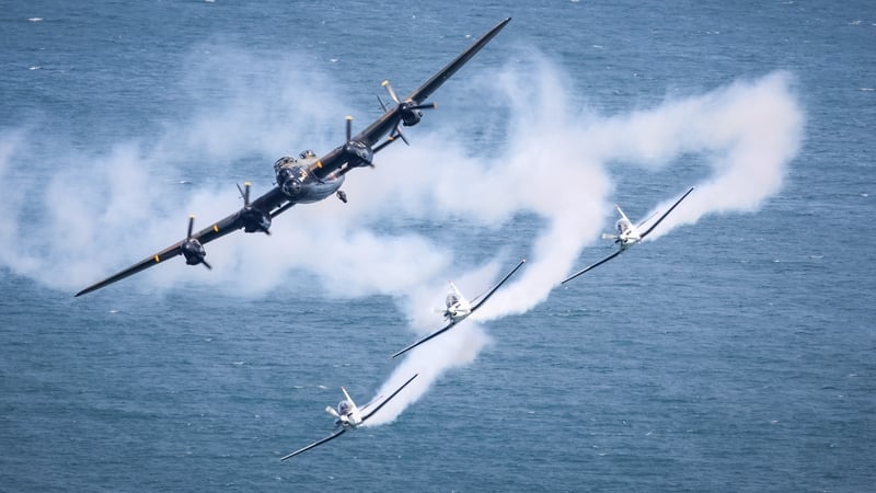 The RAF-flown Lancaster bomber, supported by the Irish Air Corps Silver Swallows, today
