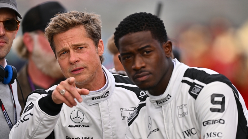 Brad Pitt, star of the upcoming Formula One based movie, Apex, and Damson Idris, co-star of the upcoming Formula One based movie, Apex, Photo by Dan Mullan/Getty Images
