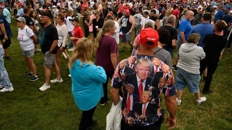 A crowd of supporters gathered outside the Erie Insurance Arena before a political rally for Donald Trump