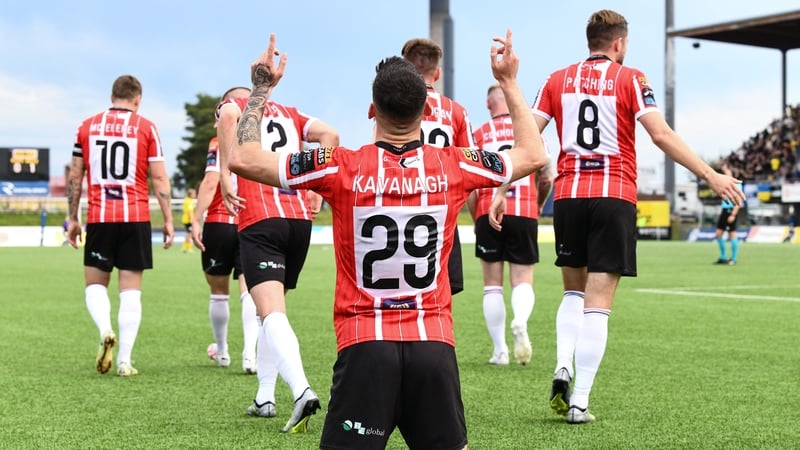 Cian Kavanagh celebrates after opening the scoring for Derry