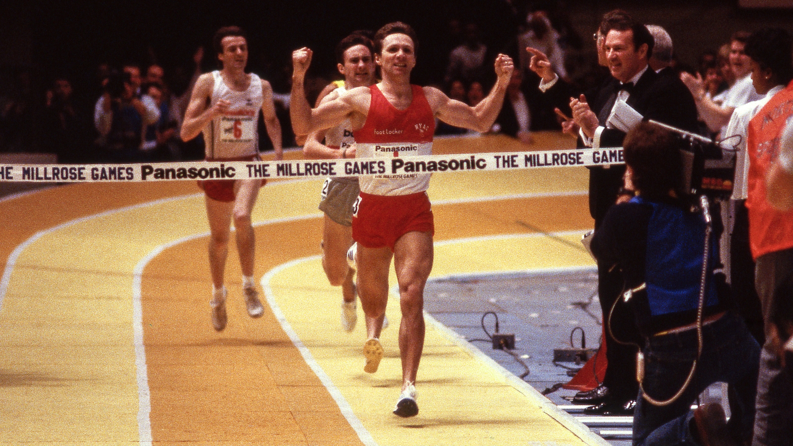 Eamonn Coghlan wins his seventh Wanamaker Mile at the 1987 Milrose Games at Madison Square Garden in New York