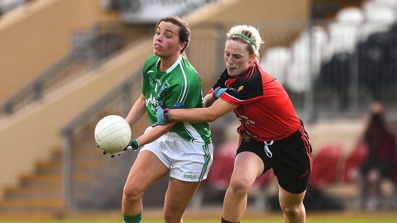 Orla Boyle tackling Nuala McManus during the Ulster intermediate semi-final in 2018