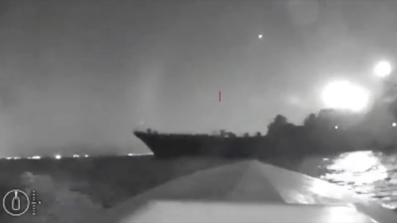 A Ukrainian sea drone pictured before it allegedly hit a Russian navy ship and exploded