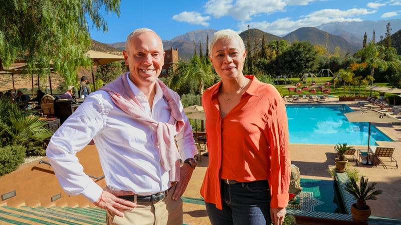 Presenters Rob Rinder and Monica Galetti in the grounds of the Kasbah Tamadot Hotel in Morocco