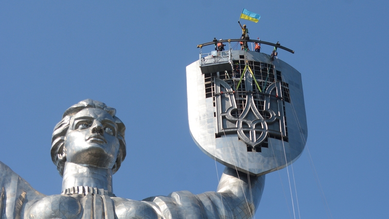 The monument, a 62-metre-tall steel statue of a female warrior, was built in 1981 on top of a hill on the right bank of the Dnipro River
