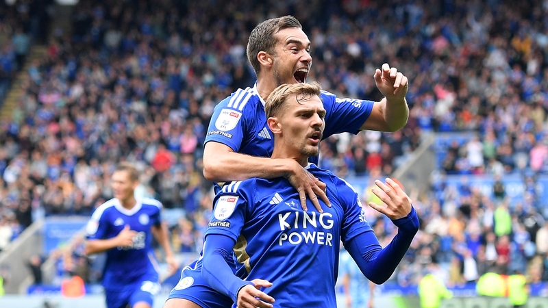 Kiernan Dewsbury-Hall celebrates scoring his second goal with Harry Winks