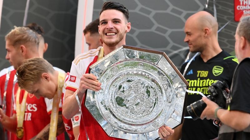 Declan Rice celebrates after Arsenal's shootout win over Manchester City in the Community Shield
