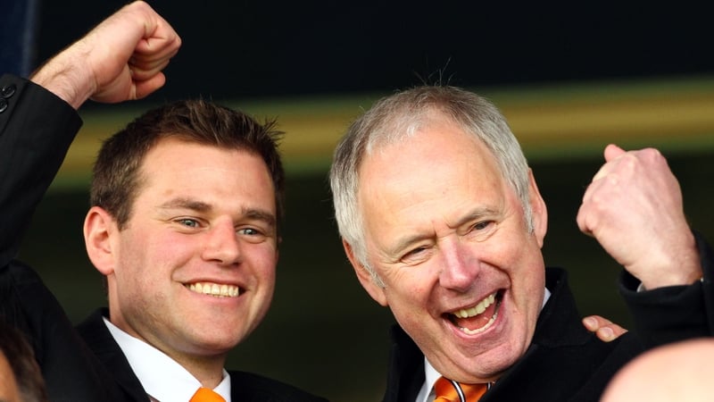 Nick Owen (right) in happier times as Luton Town chairman