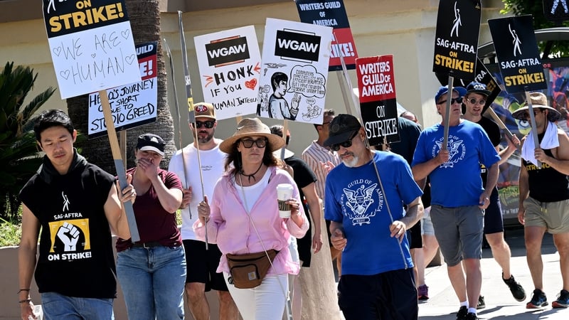 Actress Michelle Forbes walks the picket line at Paramount Studios on 8 August in Los Angeles, California