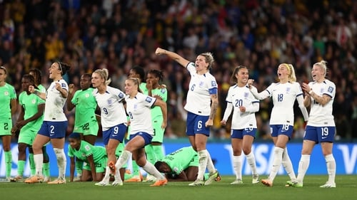 England players about to celebrate their penalty shootout win over Nigeria