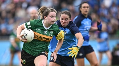 Hannah O Donoghue of Kerry in action against Orlagh Nolan during the group stage game on 17 June