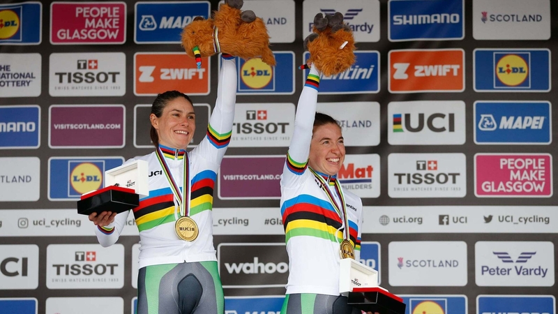 Katie George Dunlevy (l) and Linda Kelly on the podium after their success