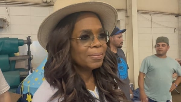 Oprah Winfrey speaking at the evacuation point in Maui