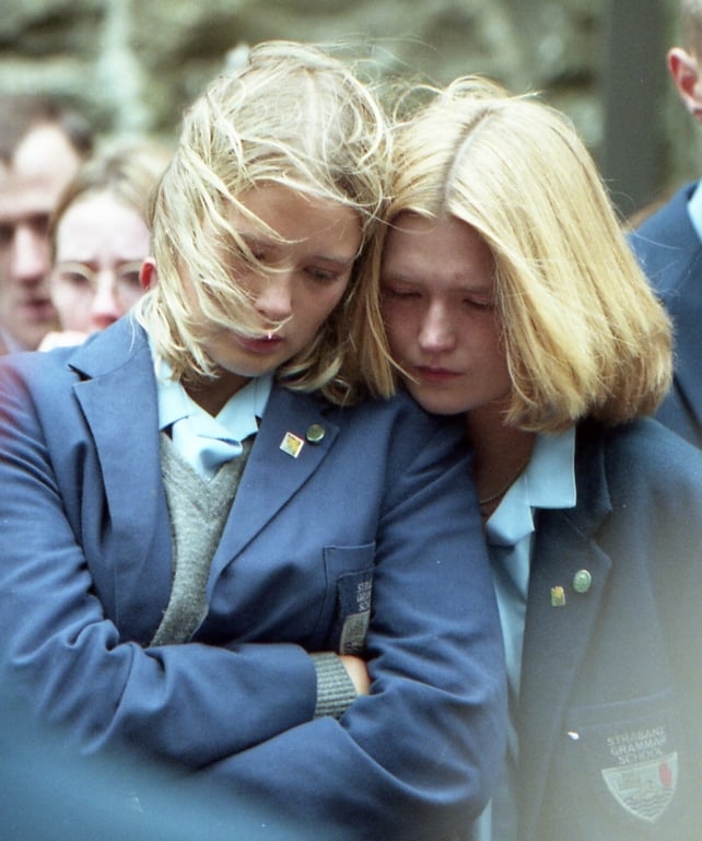 School friends of 17-year-old Samanta McFarland at her funeral service at Lisimanagh Church of Ireland church near Omagh
