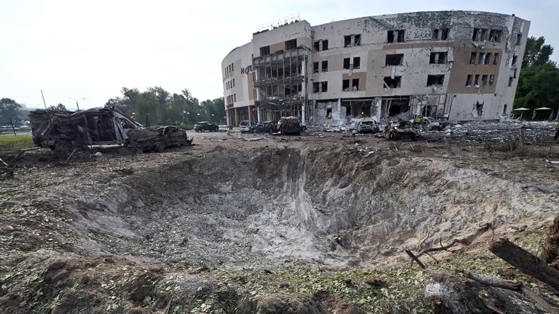 The crater from a Russian missile attack outside a hotel in Zaporizhzhia, southeastern Ukraine