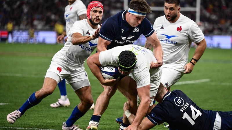 France's number eight Gregory Alldritt vies with Rory Darge and Kyle Steyn