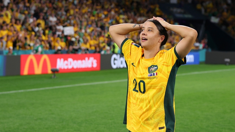 Sam Kerr reacts after victory over France in the World Cup quarter-final