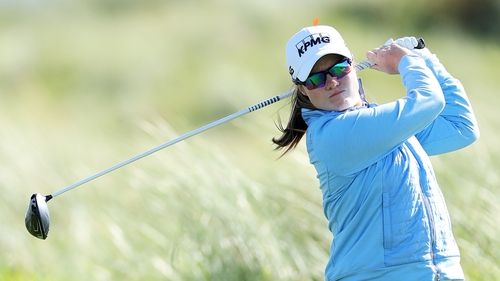 Leona Maguire plays her tee shot on 18 at Castlerock Golf Club