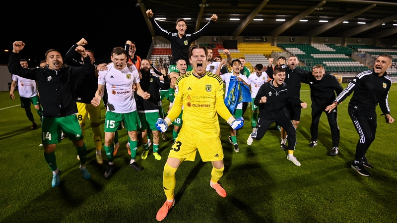 Goalkeeper Ivan Konovalov celebrates with his Tobol Kostanay colleagues