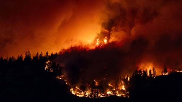 The McDougall Creek wildfire burns in the hills West Kelowna, British Columbia, Canada, on 17 August