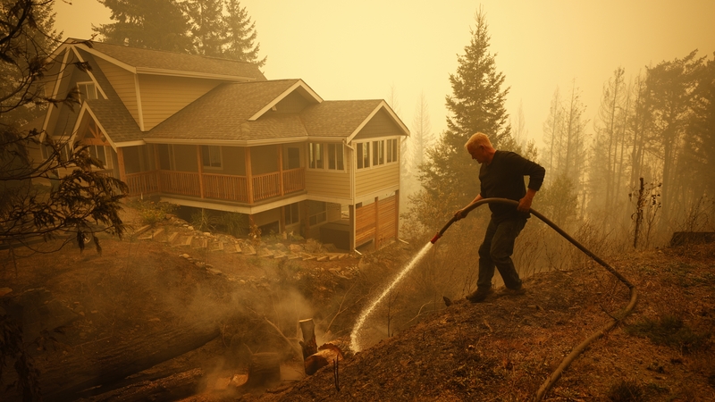 A man sprays water on hot spots near a house in Celista, British Columbia