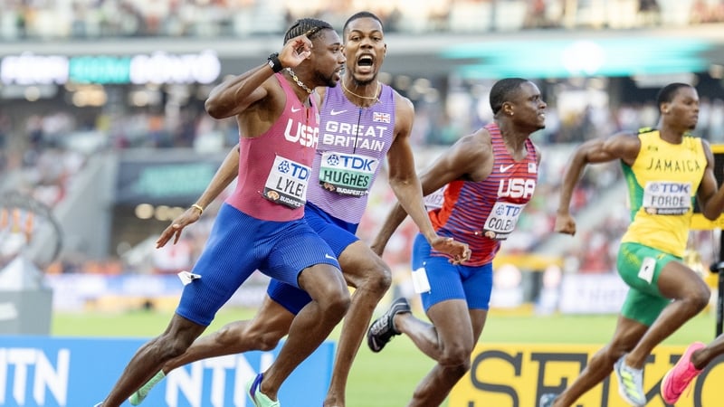 Noah Lyles secures the gold medal as Zharnel Hughes celebrates his bronze medal in Budapest