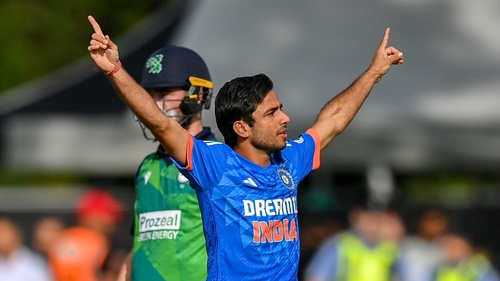India bowler Ravi Bishnoi celebrates after claiming the wicket of Harry Tector