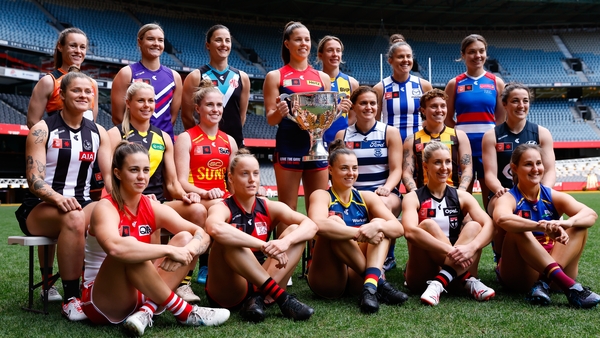 Players pose during today's AFLW Captains Day at Marvel Stadium in Melbourne