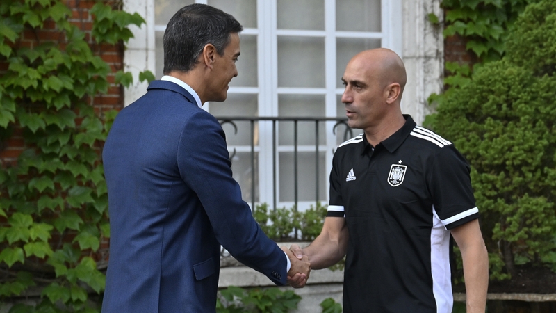 Spanish Prime Minister Pedro Sanchez (L) welcomes Luis Rubiales at Moncloa Presidential Palace in Madrid