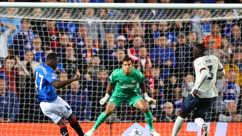 Rabbi Matondo of Rangers scores against PSV - Champions League August 2023