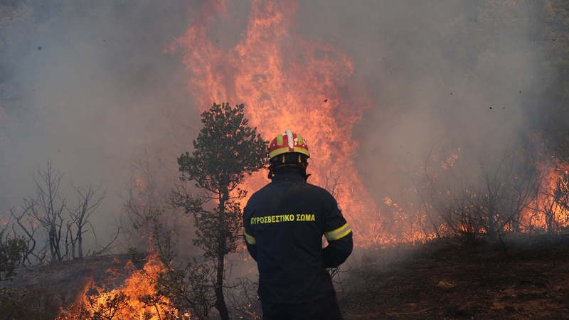 A firefighter faces a wildfire in Greece last month. Volker Turk says climate change warnings 'have become lethal realities'