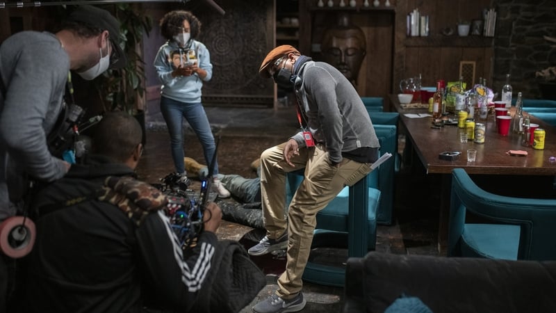 Grace Byers as Allison and director Tim Story in The Blackening. Photo credits: Glen Wilson