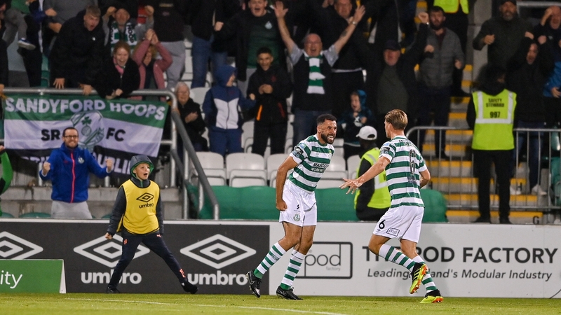 Pico Lopes celebrates his goal with Shamrock Rovers team-mate Daniel Cleary