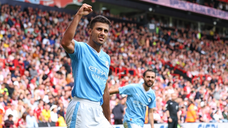 Rodri celebrates scoring the late winner at Bramall Lane