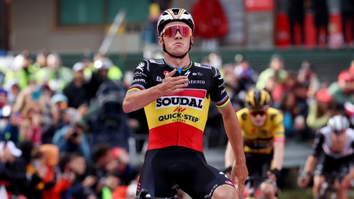 Remco Evenepoel crossing the line in the Andorran town of Arinsal