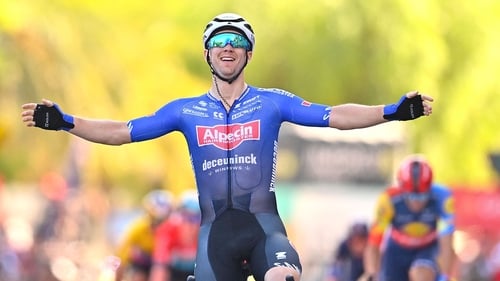 Alpecin-Deceuninck rider Kaden Groves crosses the finish line