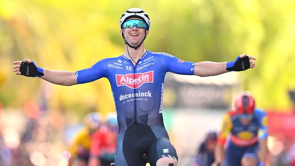 Alpecin-Deceuninck rider Kaden Groves crosses the finish line
