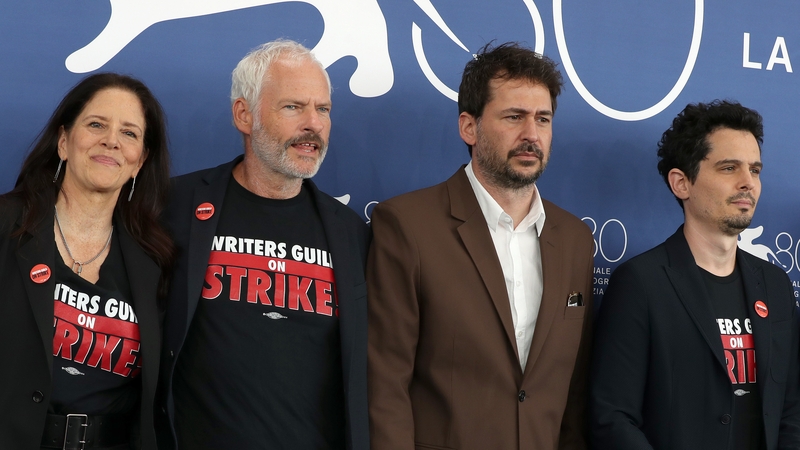 Jury members Laura Poitras, Martin McDonagh, Santiago Mitre and Jury President Damien Chazelle at the opening of the Venice Film Festival