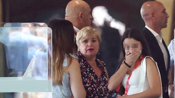 Luis Rubiales (R) pictured with his mother Angeles Bejar (C) after attending an extraordinary general assembly of the RFEF last week, at which he refused to quit