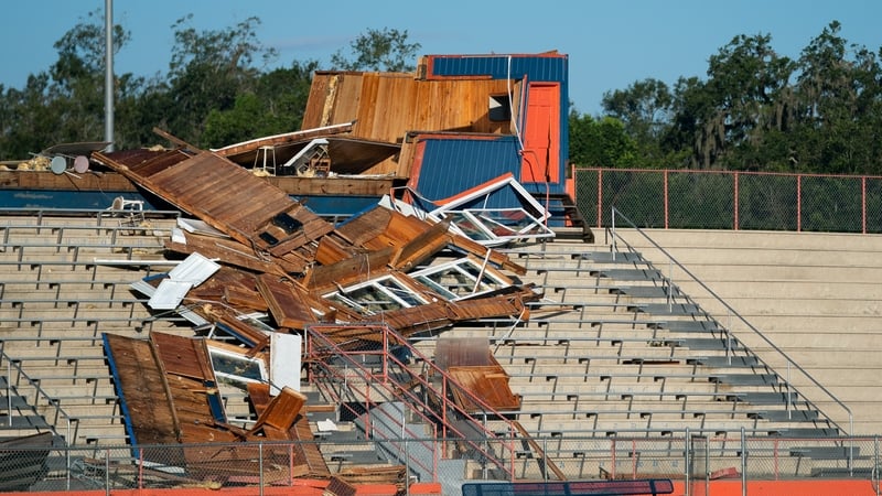 The remnants of the press box at Dorsett Stadium, Taylor County High School in Florida