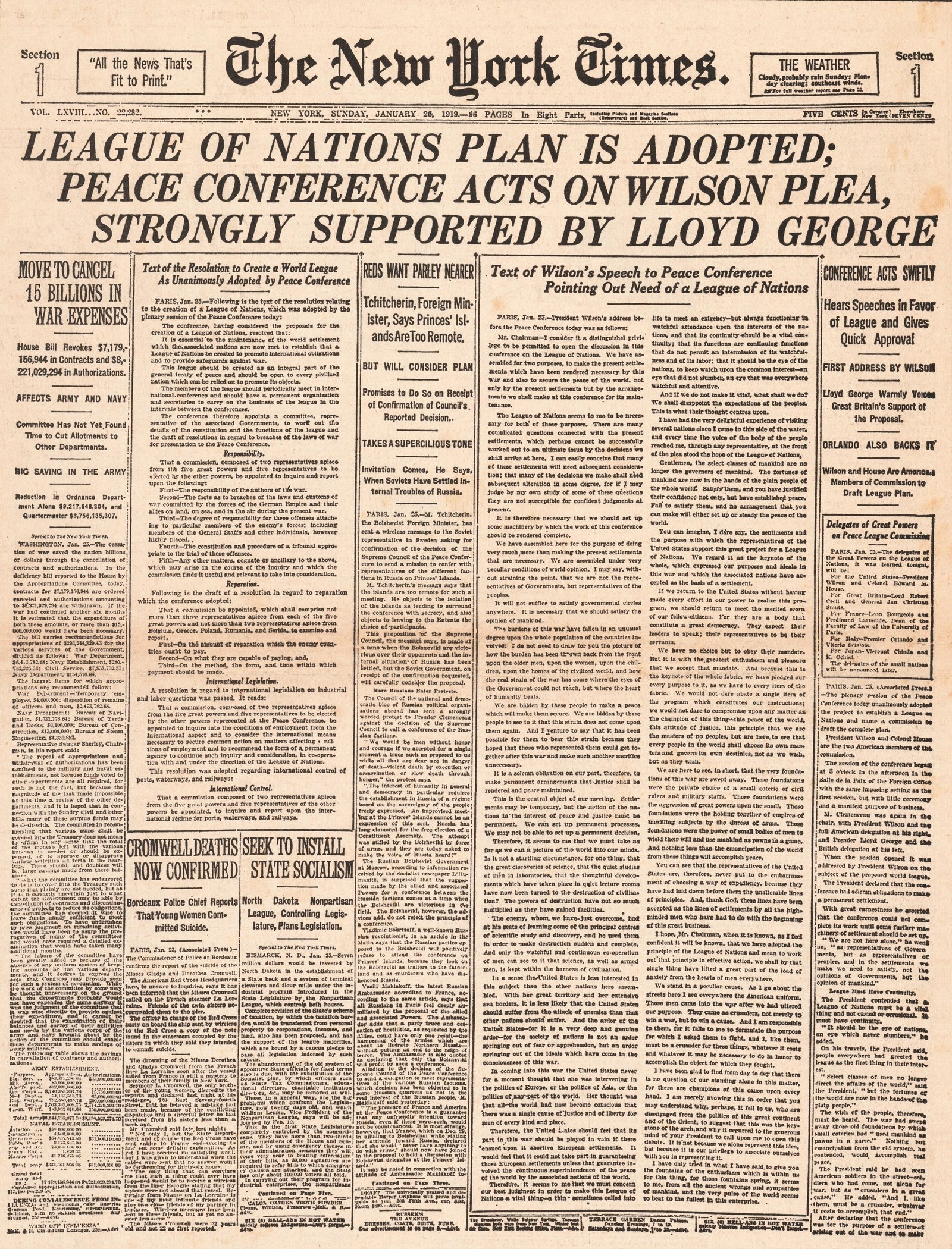 The New York Times front page announces the creation of the League of Nations, January 1919 (Credit: Alamy Images)