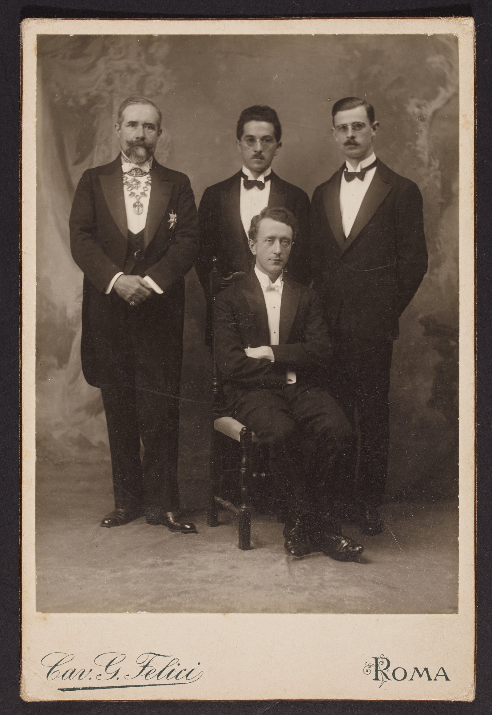 The new Minister for External Affairs Desmond FitzGerald and his core Dublin team, Joseph P Walshe (centre) and Sean Murphy (right) alongside the Marquis MacSwiney (Credit: National Library of Ireland. Kathleen McKenna-Napoli photographic collection)