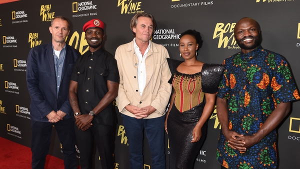 (L-R) - Producer John Battsek, Bobi Wine, director Christopher Sharp, Barbie Kyagulanyi, and director Moses Bwayo at a screening of Bobi Wine: The People's President at the Wallis Annenberg Center for the Performing Arts in Beverly Hills in July 2023 Phot