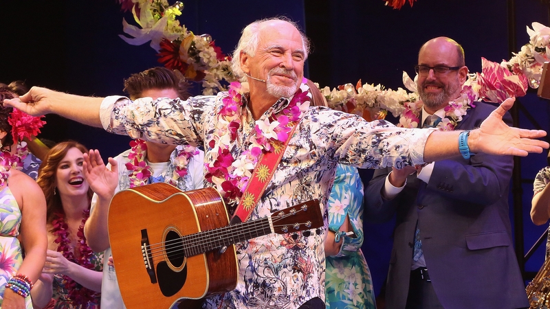 Jimmy Buffett and the cast during the curtain call at the opening night of the Jimmy Buffett musical Escape to Margaritaville at the Marquis Theatre on Broadway in March 2018