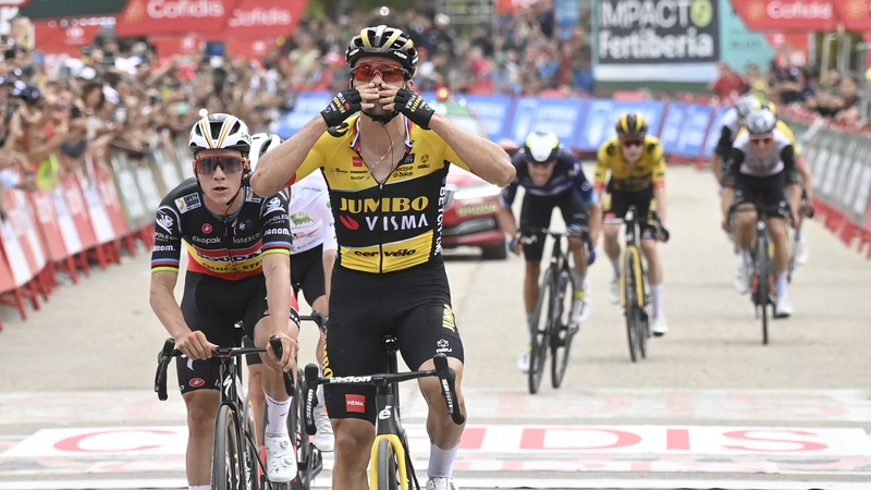 Primoz Roglic crosses the finishing line