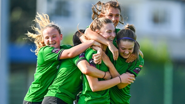 Ellen Dolan is mobbed after her goal for Peamount United