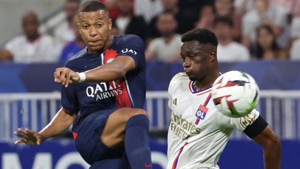 Kylian Mbappe scores his second goal against Lyon